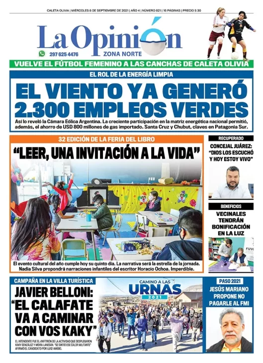 Diario La Opinión Zona Norte tapa edición impresa del 8 de septiembre de 2021, Caleta Olivia, Santa Cruz, Argentina