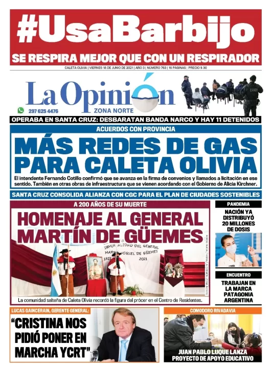 Diario La Opinión Zona Norte tapa edición impresa del 18 de junio de 2021, Caleta Olivia, Santa Cruz, Argentina