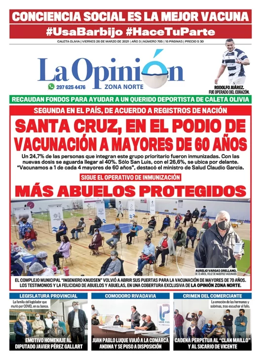 Diario La Opinión Zona Norte tapa edición impresa del 26 de marzo de 2021, Río Gallegos, Santa Cruz, Argentina