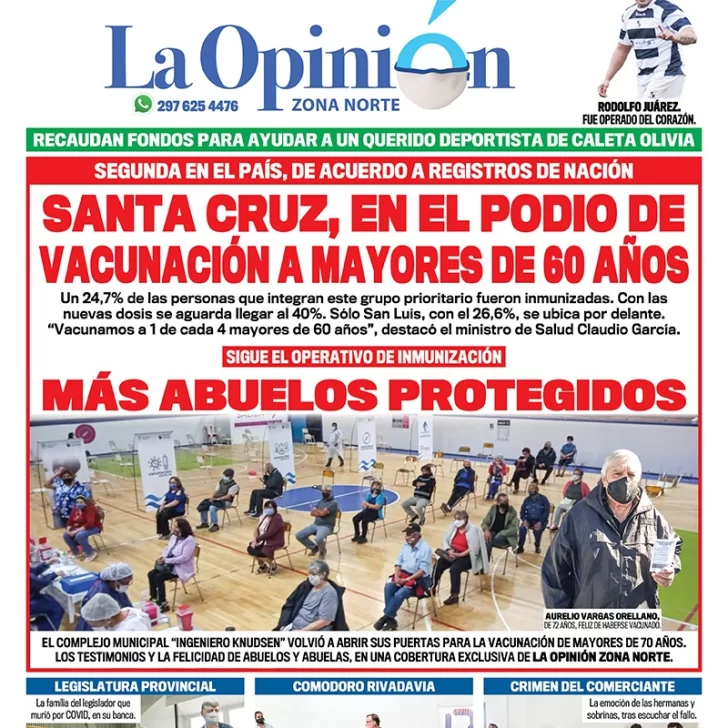 Diario La Opinión Zona Norte tapa edición impresa del 26 de marzo de 2021, Río Gallegos, Santa Cruz, Argentina