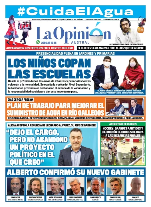 Diario La Opinión Austral tapa edición impresa del 18 de septiembre de 2021 Río Gallegos, Santa Cruz, Argentina