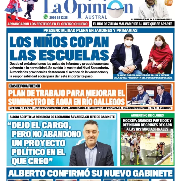 Diario La Opinión Austral tapa edición impresa del 18 de septiembre de 2021 Río Gallegos, Santa Cruz, Argentina