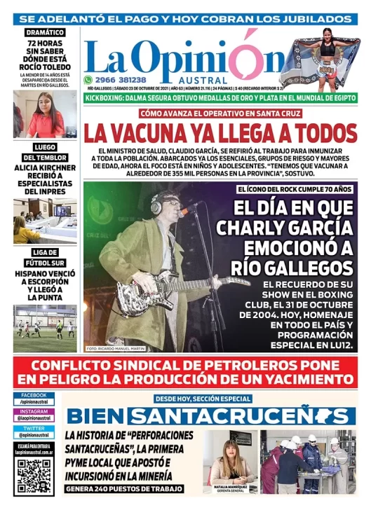 Diario La Opinión Austral tapa edición impresa del 23 de octubre de 2021 Río Gallegos, Santa Cruz, Argentina