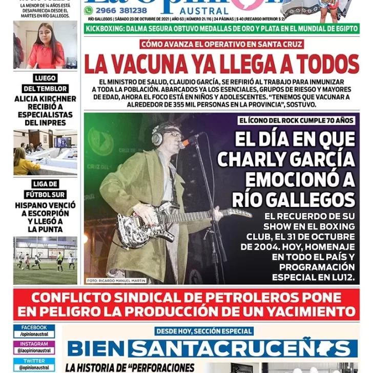 Diario La Opinión Austral tapa edición impresa del 23 de octubre de 2021 Río Gallegos, Santa Cruz, Argentina