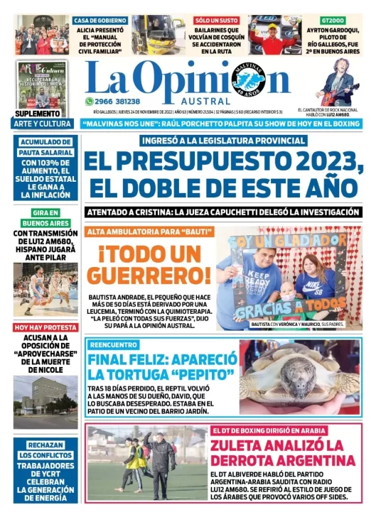 Diario La Opinión Austral tapa edición impresa del jueves 24 de noviembre de 2022 Río Gallegos, Santa Cruz, Argentina