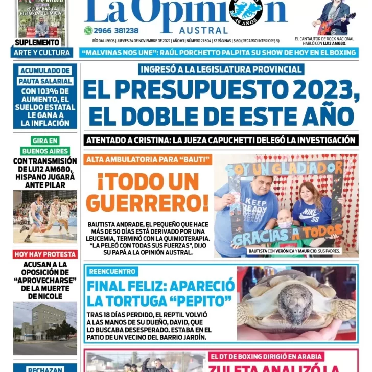 Diario La Opinión Austral tapa edición impresa del jueves 24 de noviembre de 2022 Río Gallegos, Santa Cruz, Argentina