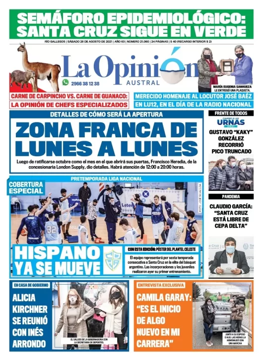 Diario La Opinión Austral tapa edición impresa del 28 de agosto de 2021 Río Gallegos, Santa Cruz, Argentina