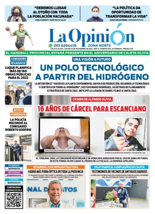 Diario La Opinión Zona Norte tapa edición impresa del 18 de noviembre de 2021, Caleta Olivia, Santa Cruz, Argentina