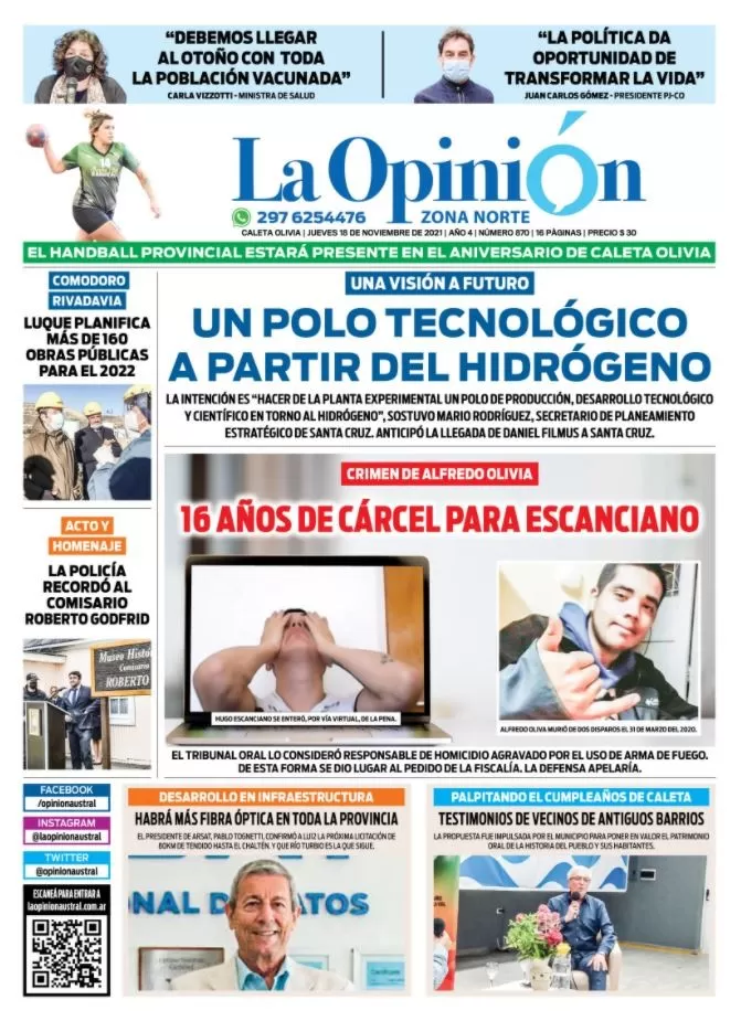 Diario La Opinión Zona Norte tapa edición impresa del 18 de noviembre de 2021, Caleta Olivia, Santa Cruz, Argentina Diario La Opinión Zona Norte tapa edición impresa del 18 de noviembre de 2021, Caleta Olivia, Santa Cruz, Argentina