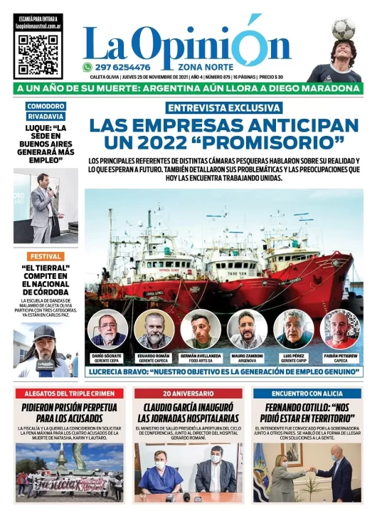 Diario La Opinión Zona Norte tapa edición impresa del 25 de noviembre de 2021, Caleta Olivia, Santa Cruz, Argentina