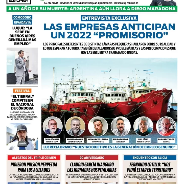 Diario La Opinión Zona Norte tapa edición impresa del 25 de noviembre de 2021, Caleta Olivia, Santa Cruz, Argentina