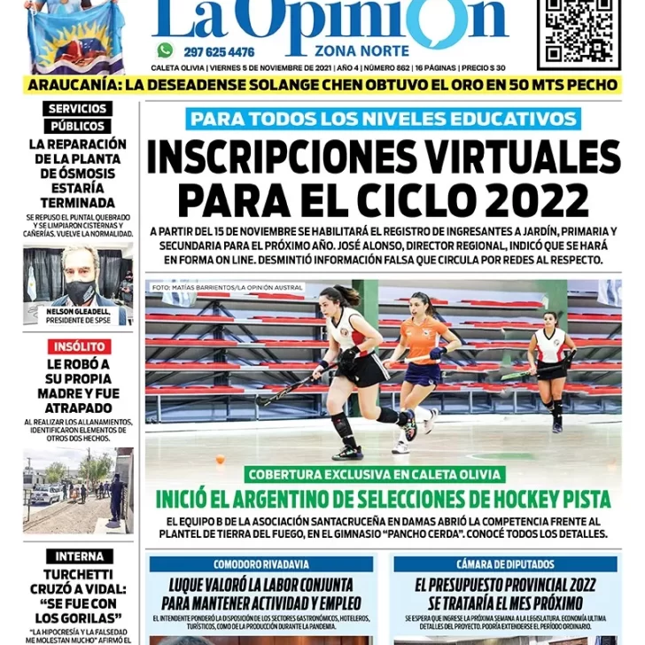 Diario La Opinión Zona Norte tapa edición impresa del 5 de noviembre de 2021, Caleta Olivia, Santa Cruz, Argentina