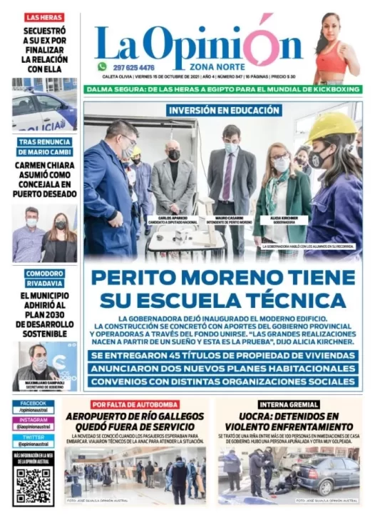 Diario La Opinión Zona Norte tapa edición impresa del 15 de octubre de 2021, Caleta Olivia, Santa Cruz, Argentina