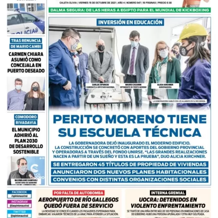 Diario La Opinión Zona Norte tapa edición impresa del 15 de octubre de 2021, Caleta Olivia, Santa Cruz, Argentina