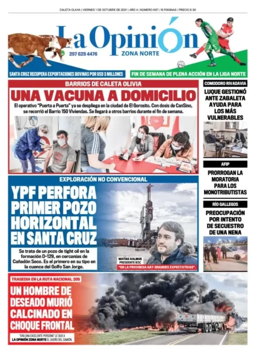 Diario La Opinión Zona Norte tapa edición impresa del 1 de octubre de 2021, Caleta Olivia, Santa Cruz, Argentina