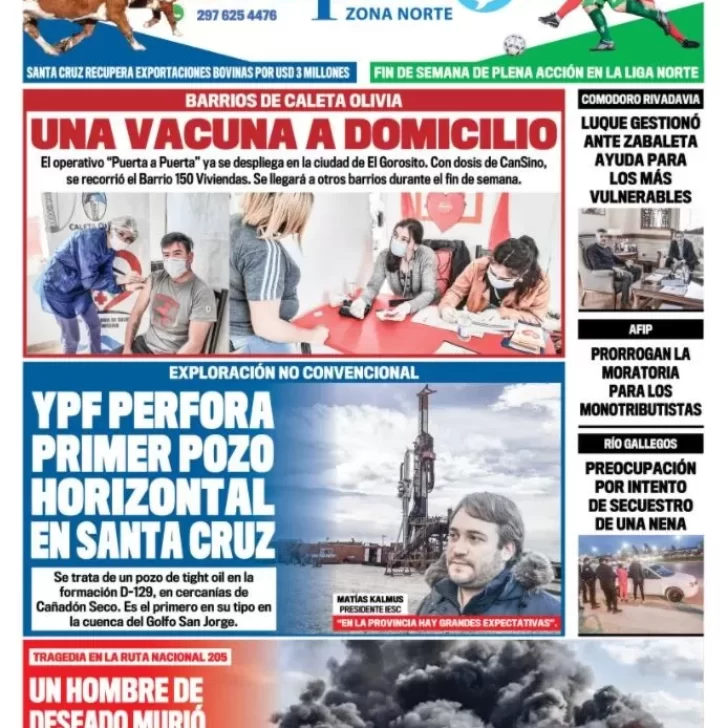 Diario La Opinión Zona Norte tapa edición impresa del 1 de octubre de 2021, Caleta Olivia, Santa Cruz, Argentina