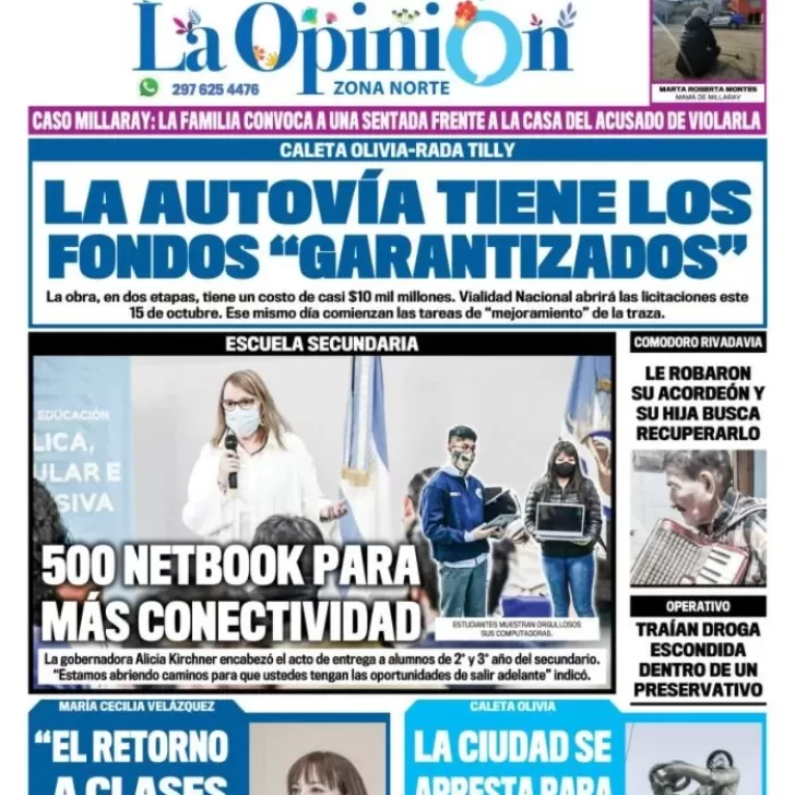 Diario La Opinión Zona Norte tapa edición impresa del 28 de septiembre de 2021, Caleta Olivia, Santa Cruz, Argentina