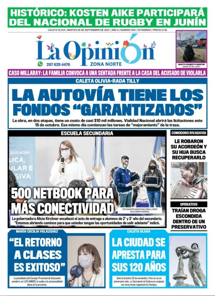 Diario La Opinión Zona Norte tapa edición impresa del 28 de septiembre de 2021, Caleta Olivia, Santa Cruz, Argentina
