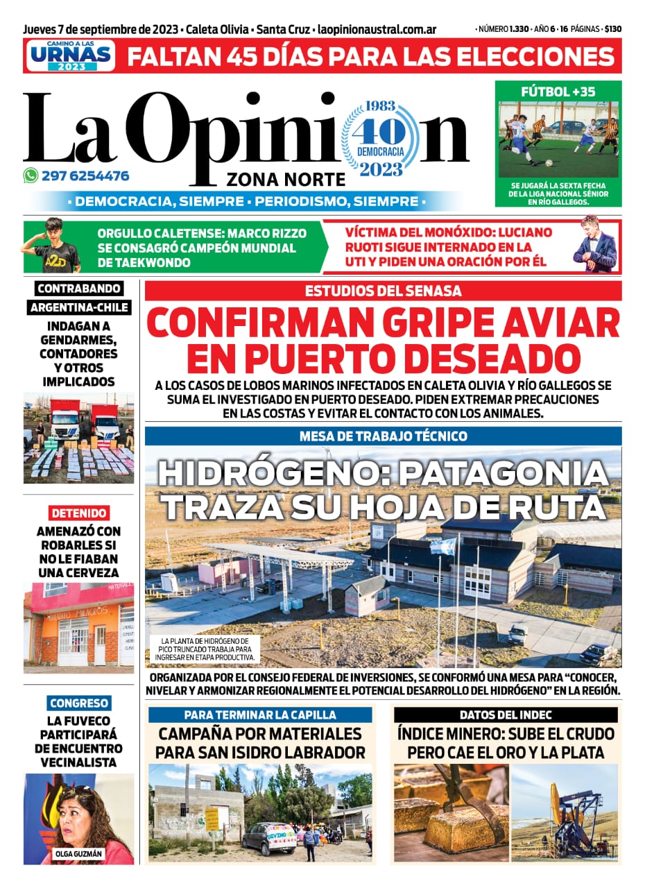 Diario La Opinión Zona Norte tapa edición impresa del jueves 7 de septiembre de 2023, Caleta Olivia, Santa Cruz, Argentina