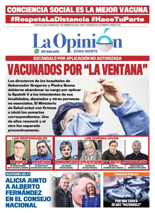 Diario La Opinión Zona Norte tapa edición impresa del 17 de febrero de 2021, Santa Cruz, Argentina