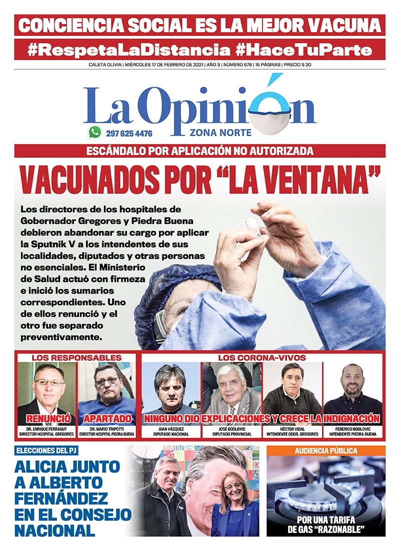 Diario La Opinión Zona Norte tapa edición impresa del 17 de febrero de 2021, Santa Cruz, Argentina