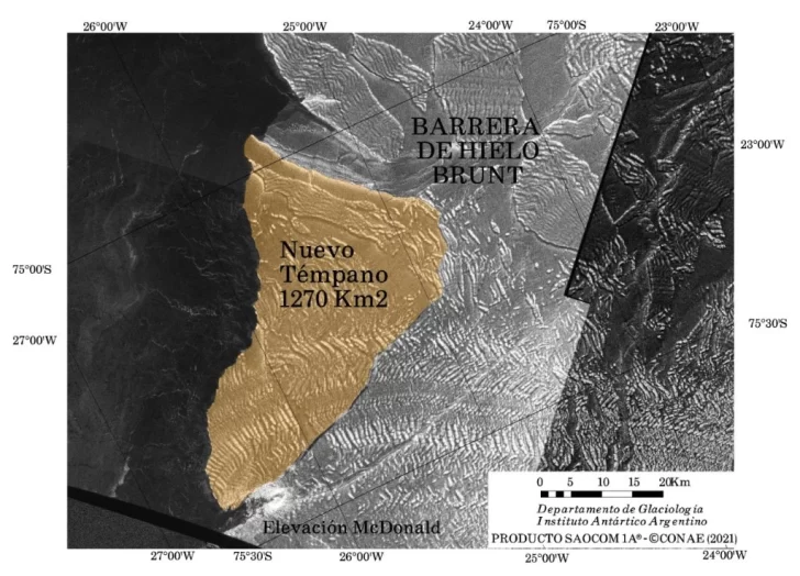 El Instituto Antártico Argentino detectó el desprendimiento de un témpano de 1.270 kilómetros cuadrados