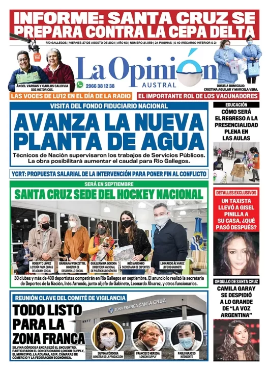 Diario La Opinión Austral tapa edición impresa del 27 de agosto de 2021 Río Gallegos, Santa Cruz, Argentina