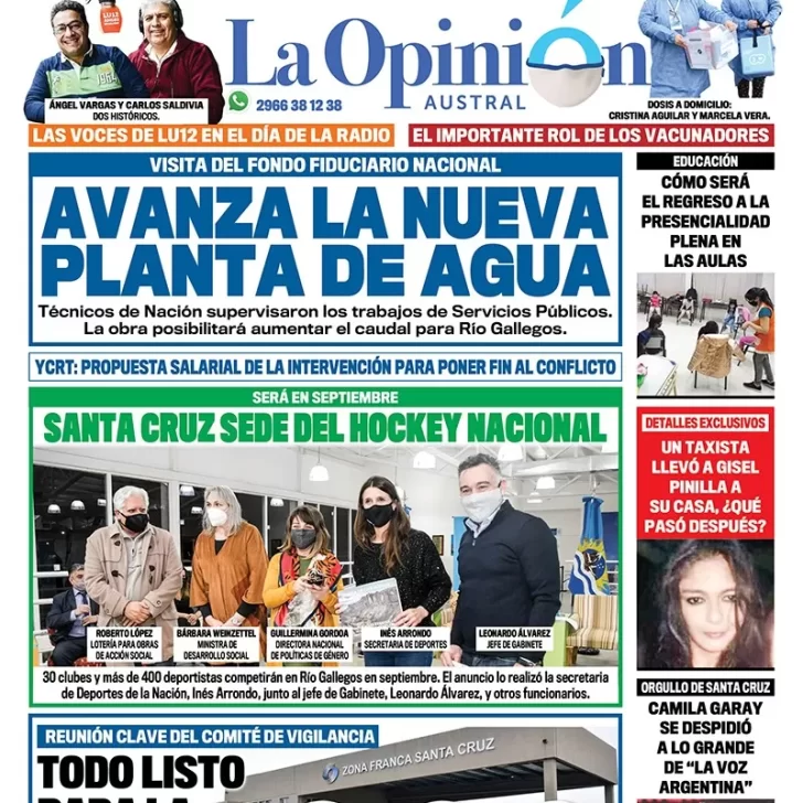 Diario La Opinión Austral tapa edición impresa del 27 de agosto de 2021 Río Gallegos, Santa Cruz, Argentina