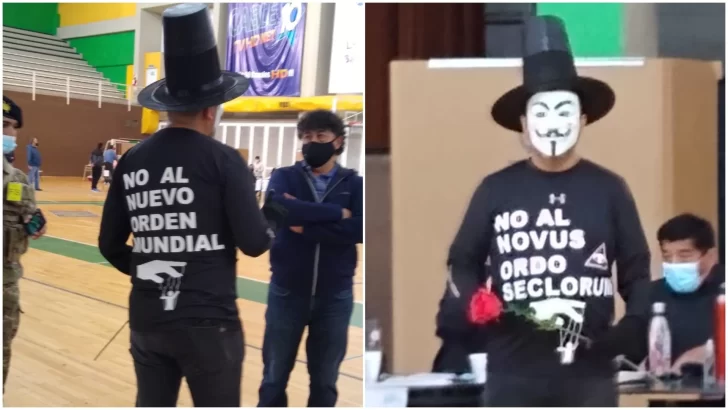 Un hombre con la máscara de V de Venganza y una rosa en la mano apareció durante las elecciones en el Boxing Club de Río Gallegos