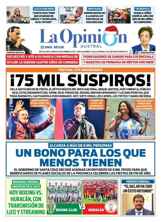 Diario La Opinión Austral tapa edición impresa del sábado 17 de diciembre de 2022 Río Gallegos, Santa Cruz, Argentina