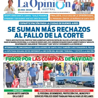 Diario La Opinión Austral tapa edición impresa del sábado 24 de diciembre de 2022 Río Gallegos, Santa Cruz, Argentina