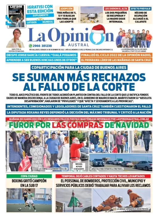 Diario La Opinión Austral tapa edición impresa del sábado 24 de diciembre de 2022 Río Gallegos, Santa Cruz, Argentina