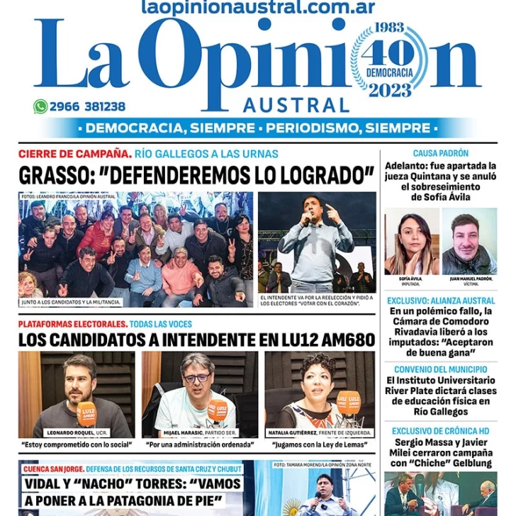 Diario La Opinión Austral tapa edición impresa del viernes 20 de octubre de 2023, Río Gallegos, Santa Cruz, Argentina