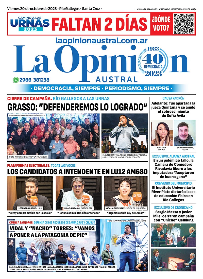 Diario La Opinión Austral tapa edición impresa del viernes 20 de octubre de 2023, Río Gallegos, Santa Cruz, Argentina