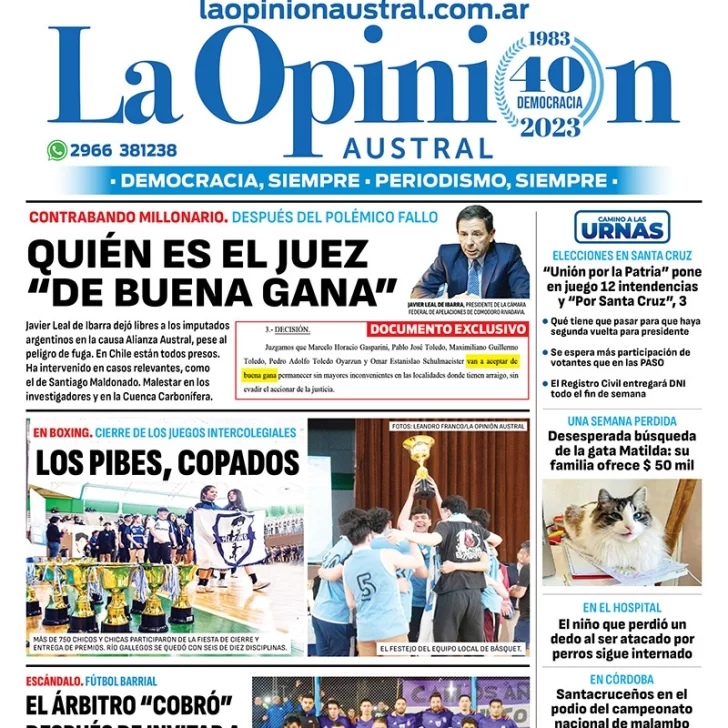 Diario La Opinión Austral tapa edición impresa del sábado 21 de octubre de 2023, Río Gallegos, Santa Cruz, Argentina