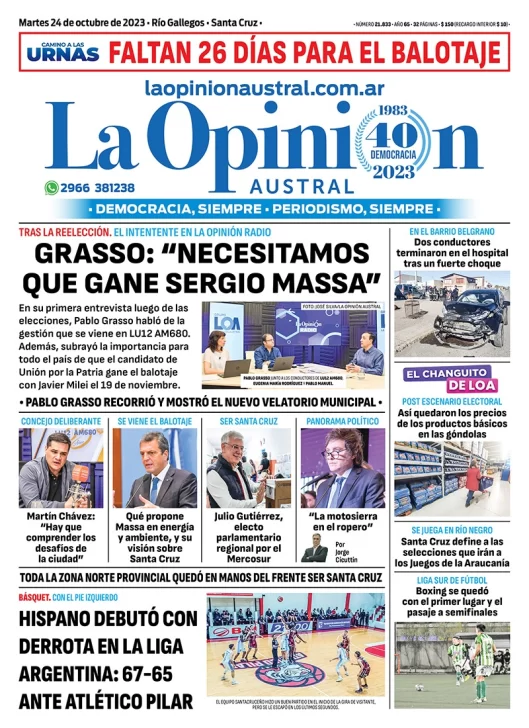 Diario La Opinión Austral tapa edición impresa del martes 24 de octubre de 2023, Río Gallegos, Santa Cruz, Argentina