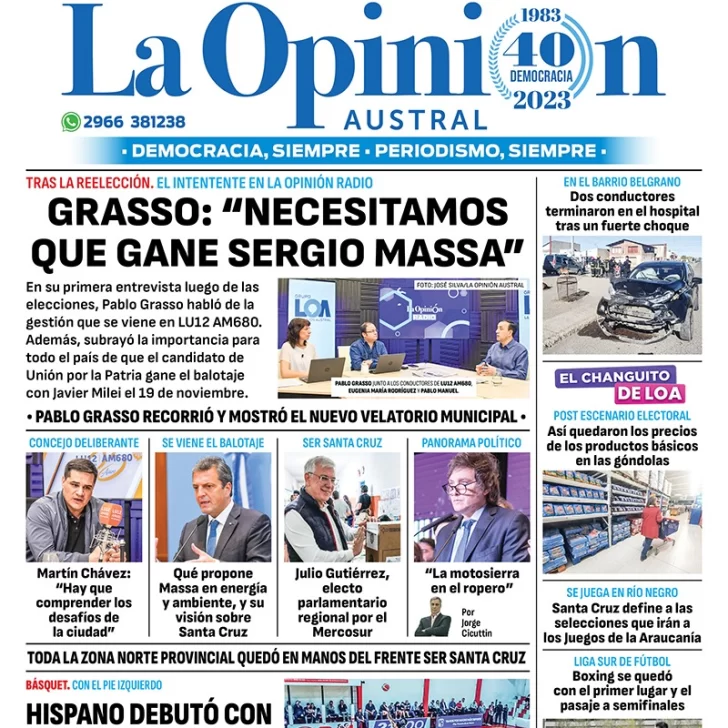 Diario La Opinión Austral tapa edición impresa del martes 24 de octubre de 2023, Río Gallegos, Santa Cruz, Argentina