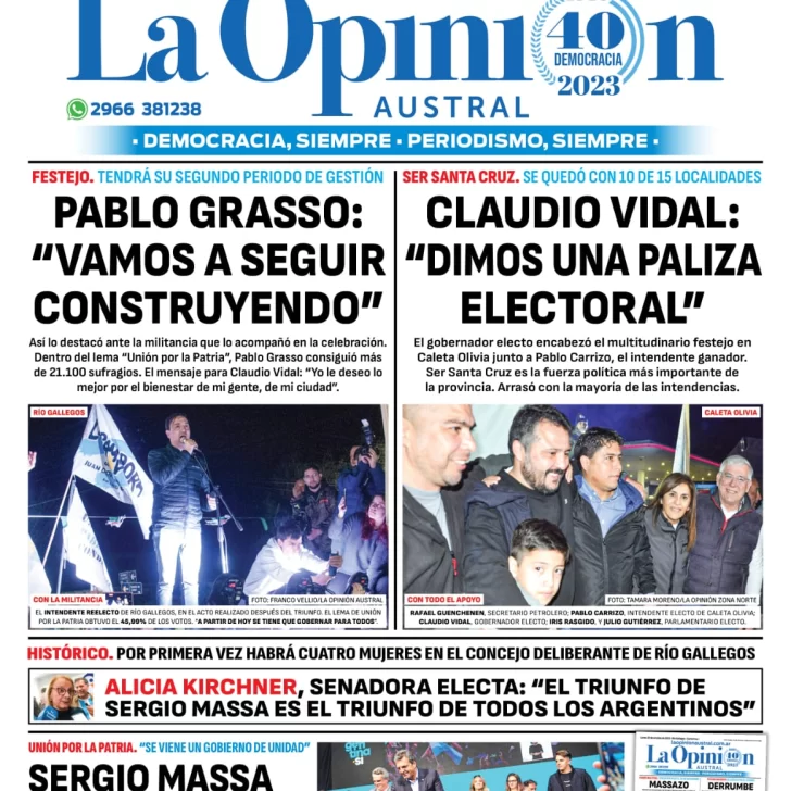 Diario La Opinión Austral tapa edición impresa del lunes 23 de octubre de 2023, Río Gallegos, Santa Cruz, Argentina