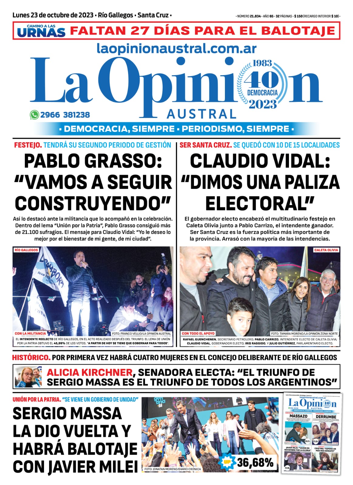 Diario La Opinión Austral tapa edición impresa del lunes 23 de octubre de 2023, Río Gallegos, Santa Cruz, Argentina