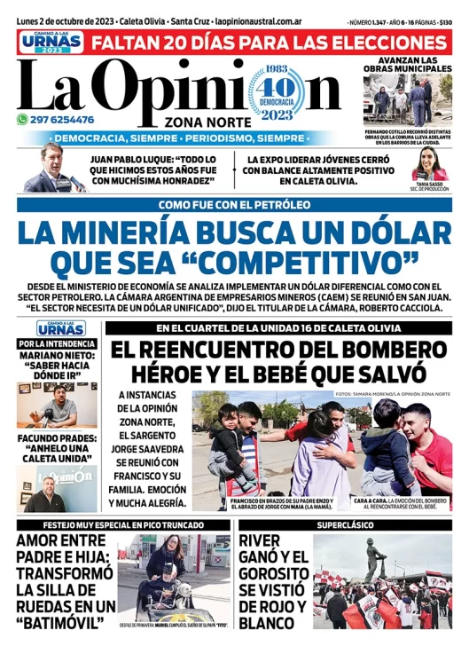 Diario La Opinión Zona Norte tapa edición impresa del lunes 2 de octubre de 2023, Caleta Olivia, Santa Cruz, Argentina