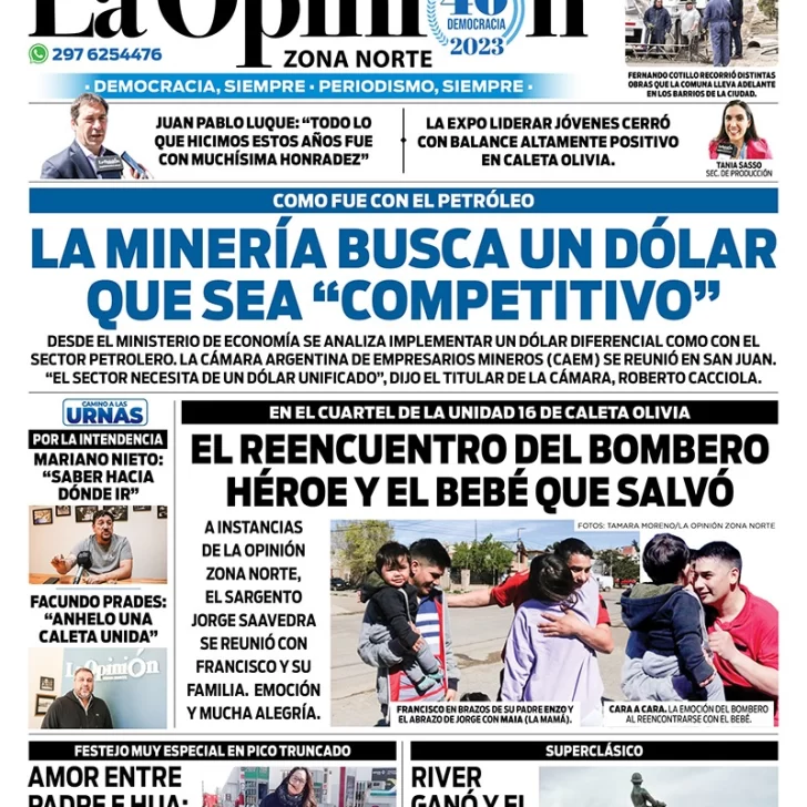 Diario La Opinión Zona Norte tapa edición impresa del lunes 2 de octubre de 2023, Caleta Olivia, Santa Cruz, Argentina