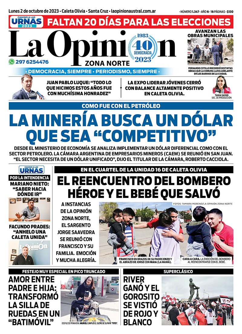 Diario La Opinión Zona Norte tapa edición impresa del lunes 2 de octubre de 2023, Caleta Olivia, Santa Cruz, Argentina