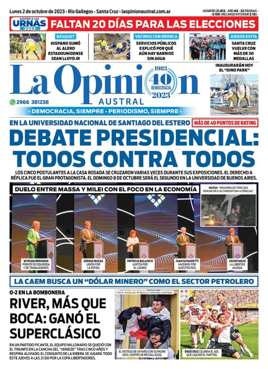 Diario La Opinión Austral tapa edición impresa del lunes 2 de octubre de 2023, Río Gallegos, Santa Cruz, Argentina