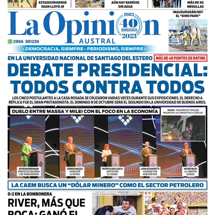 Diario La Opinión Austral tapa edición impresa del lunes 2 de octubre de 2023, Río Gallegos, Santa Cruz, Argentina