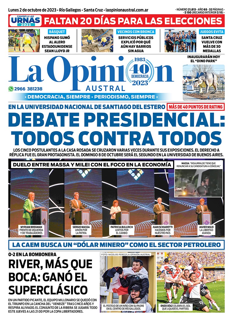 Diario La Opinión Austral tapa edición impresa del lunes 2 de octubre de 2023, Río Gallegos, Santa Cruz, Argentina