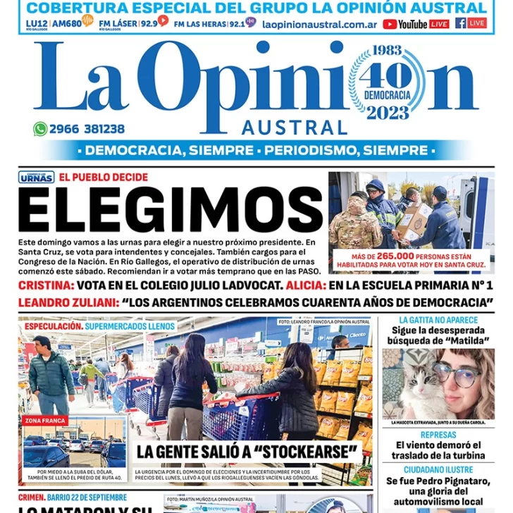 Diario La Opinión Austral tapa edición impresa del domingo 22 de octubre de 2023, Río Gallegos, Santa Cruz, Argentina