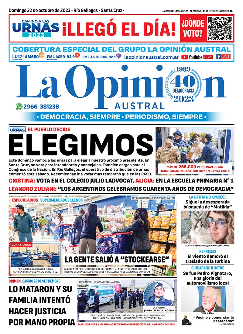 Diario La Opinión Austral tapa edición impresa del domingo 22 de octubre de 2023, Río Gallegos, Santa Cruz, Argentina