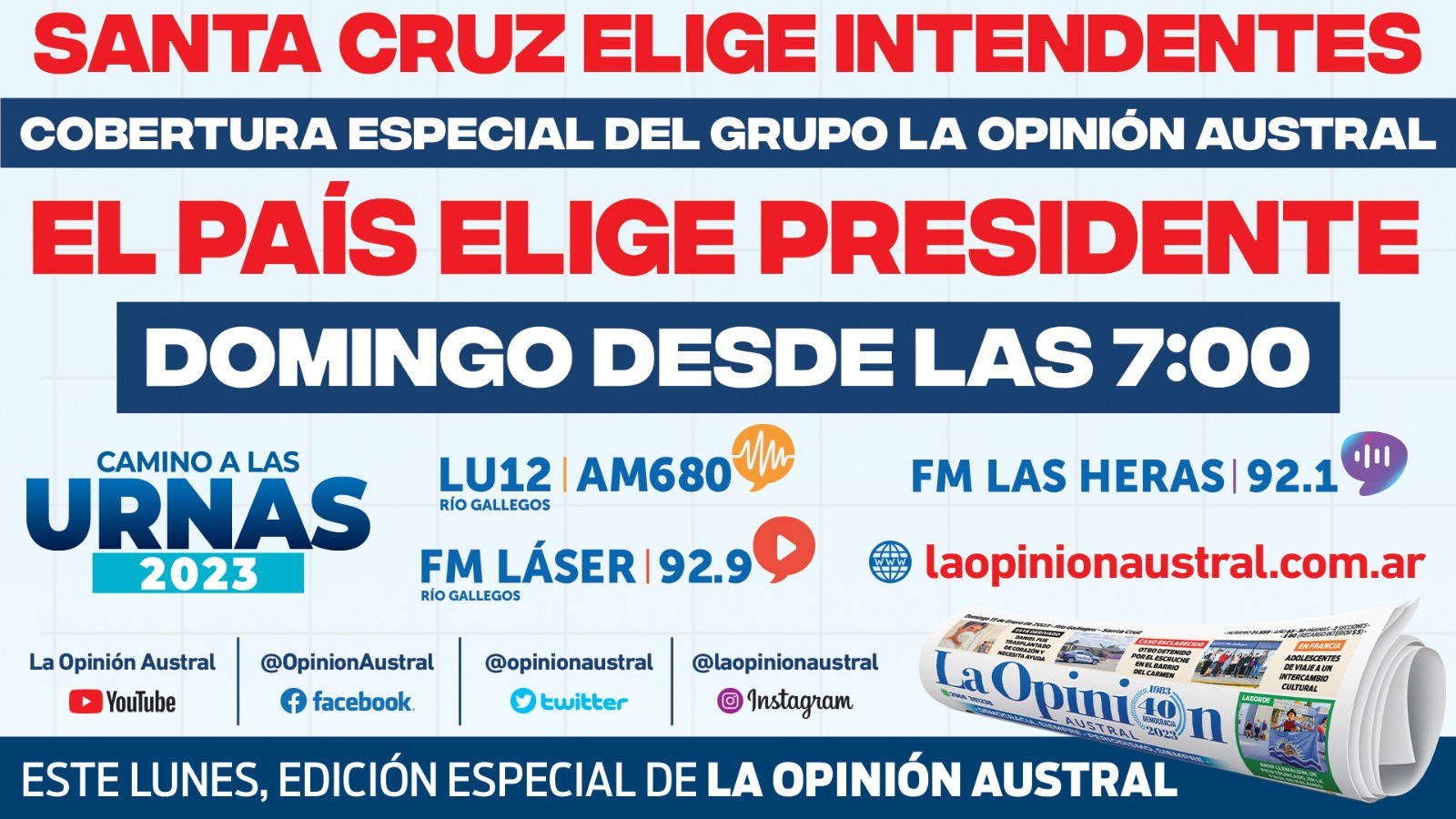 Cobertura especial Grupo La Opinión Austral: “Camino a las Urnas”, Santa Cruz elige intendentes y el país presidente