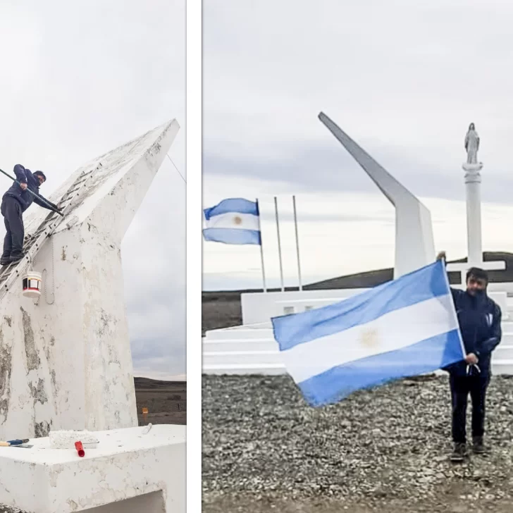 Enrique Mansilla pintó el Monumento a la Paz y dejó puesta una bandera argentina