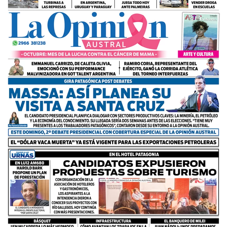 Diario La Opinión Austral tapa edición impresa del jueves 5 de octubre de 2023, Río Gallegos, Santa Cruz, Argentina Diario La Opinión Austral tapa edición impresa del jueves 5 de octubre de 2023, Río Gallegos, Santa Cruz, Argentina